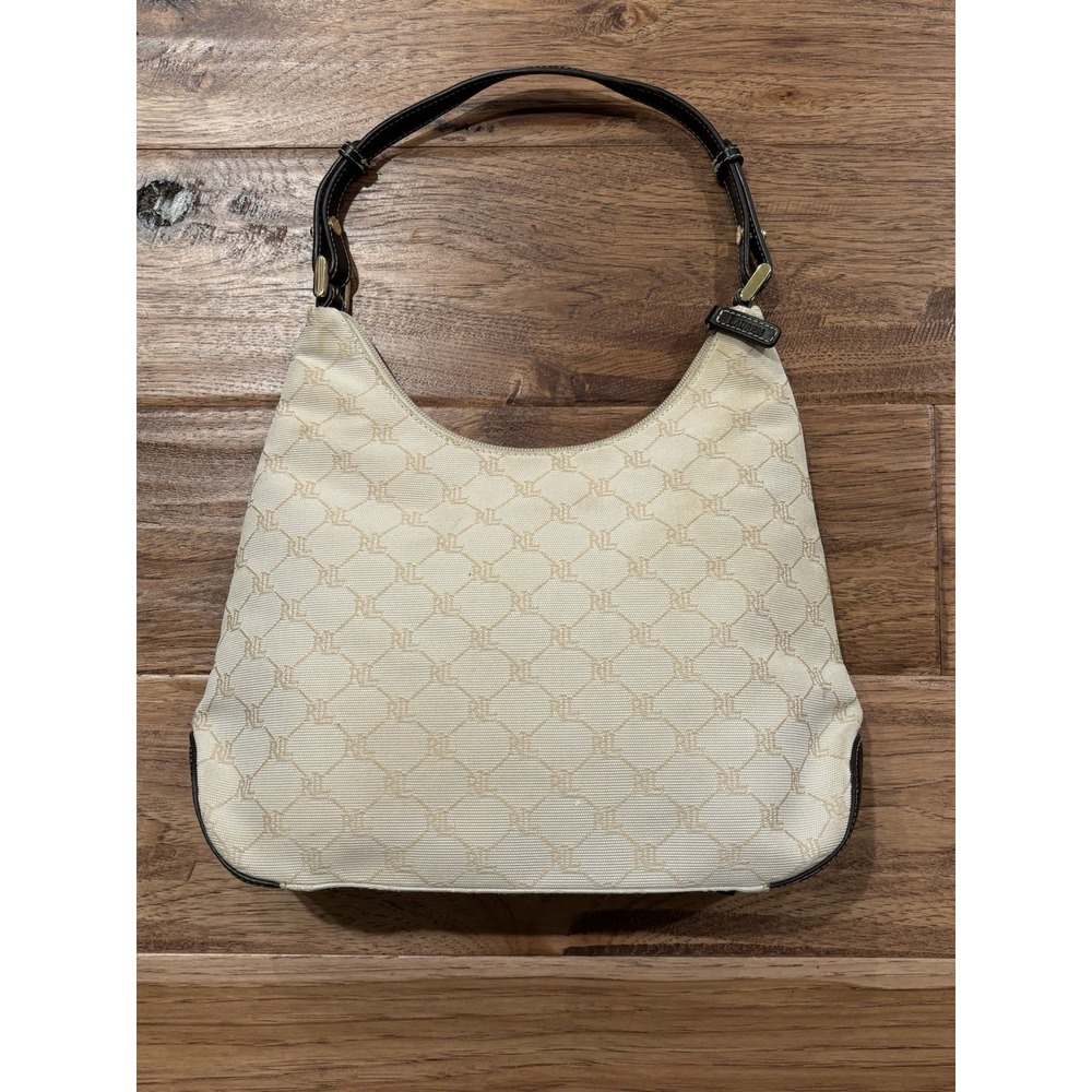 Ralph Laurenโ Vintage Hobo Shoulder Purse LOGO Cream Beige